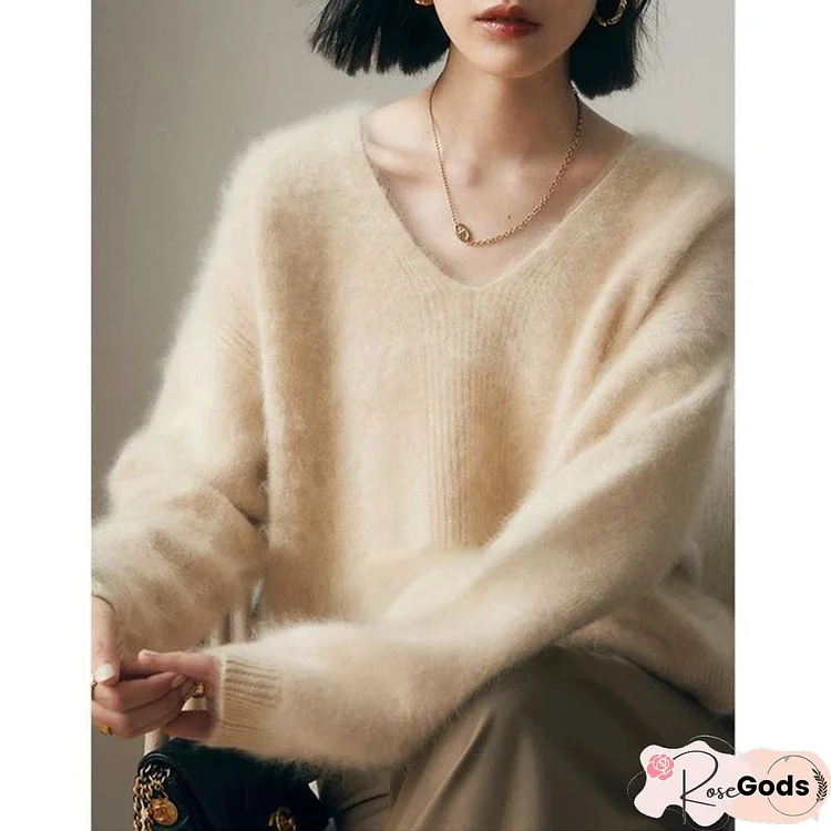 Solid-Color Foreign Style Ladies Wind Gentle Wind V-Neck Sweater Woman