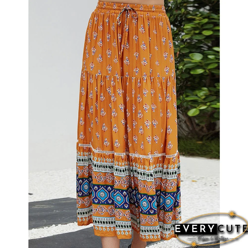 Yellow Floral Print Elastic Waist Pocket Midi Skirt