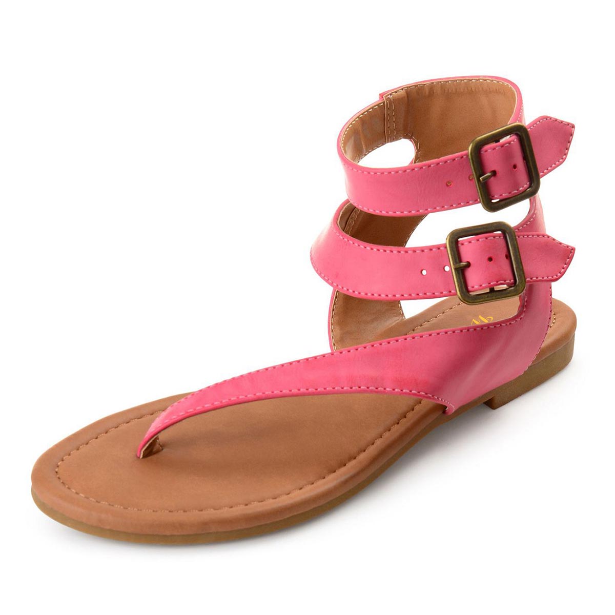 Open Round Toe Double Buckled Wrap Flat Women's Sandals in Pink Nicepairs