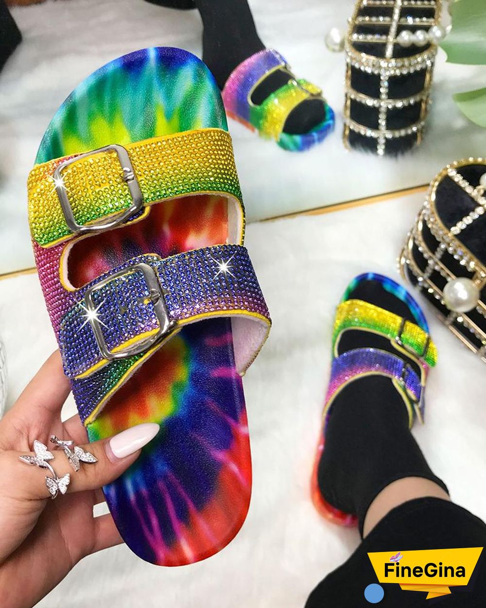 Studded Twin Buckle Band Footbed Slide Slippers