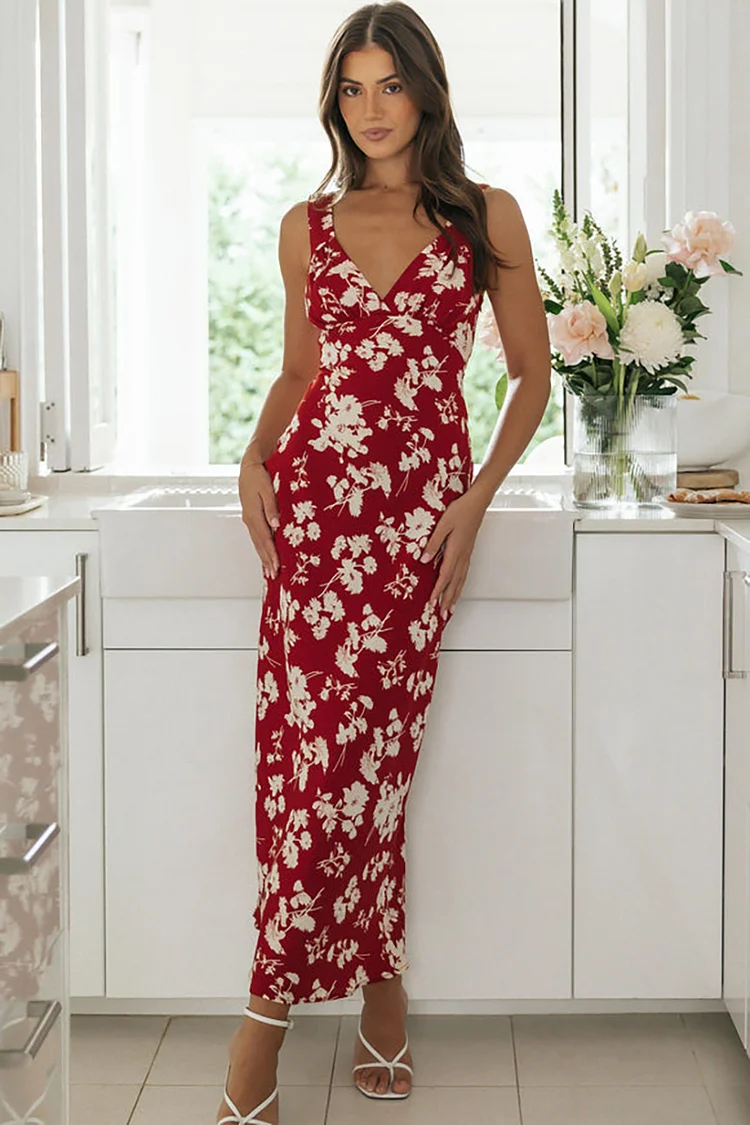 V Neck Sleeveless Floral Print Waist Tie Up Maxi Dresses [Pre Order]