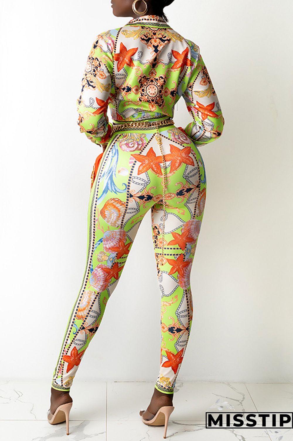 Purple Fashion Casual Print Basic Turndown Collar Long Sleeve Two Pieces