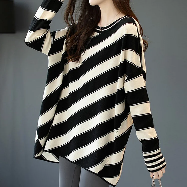 Stripes Long Sleeve Knitted Sweater QueenFunky