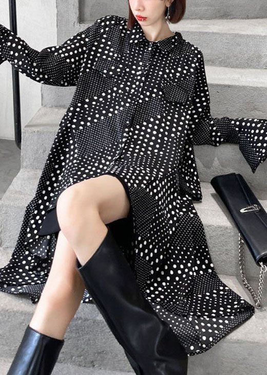 diy Black Dot asymmetrical design Print Fall Shirts Long sleeve dress CK1185- Fabulory