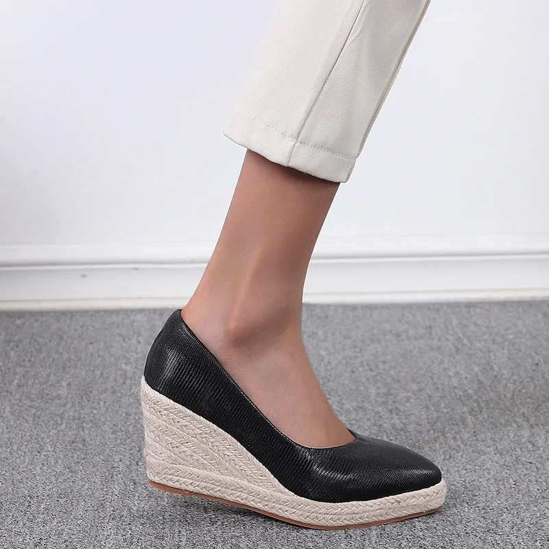Wongn Wongn And Autumn Slope With Shallow Single Shoes Female Platform High Heel Pointed Grass Hemp Rope Bottom