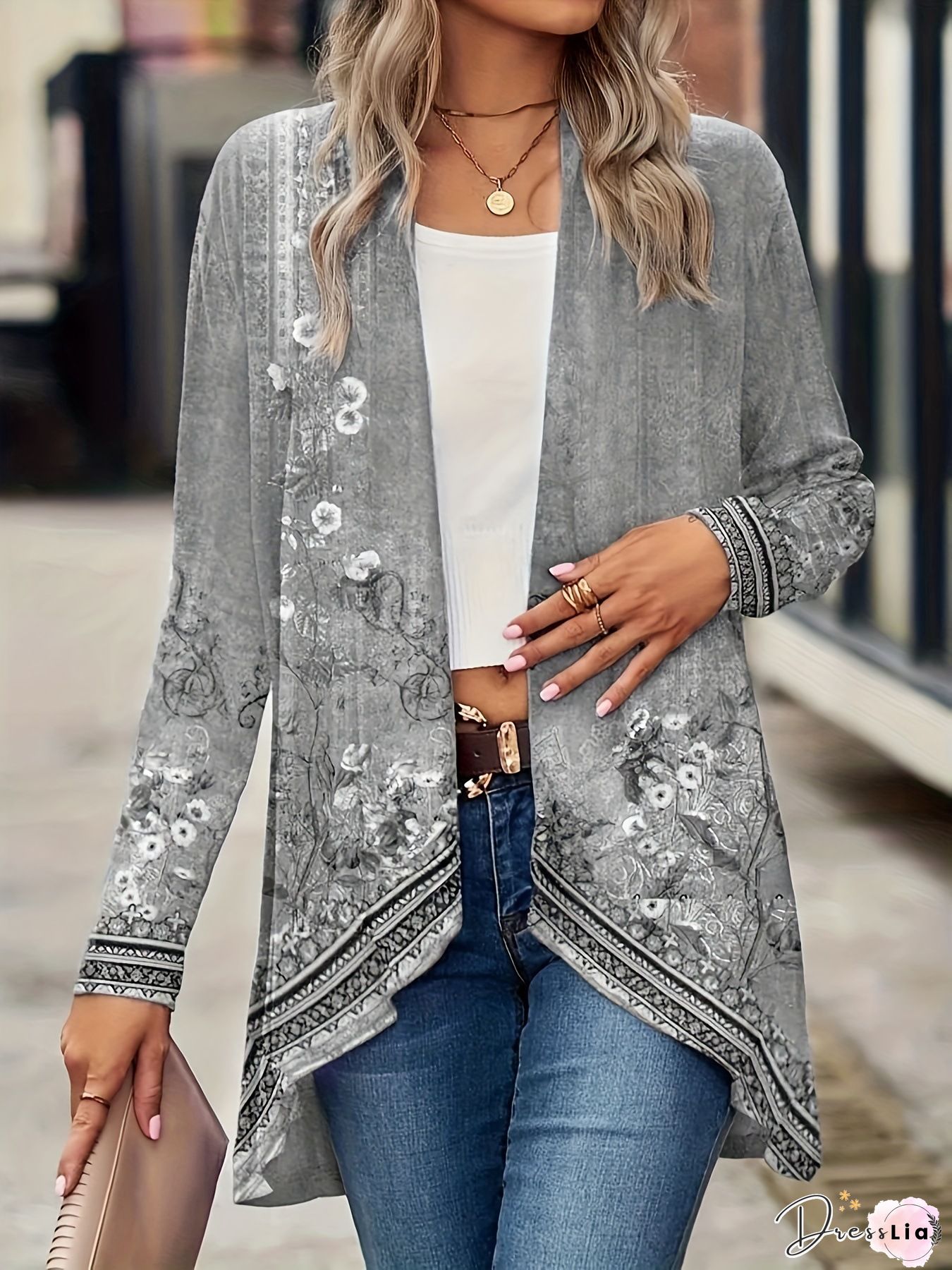 Blue Cotton-Blend Long Sleeve Floral Jacket