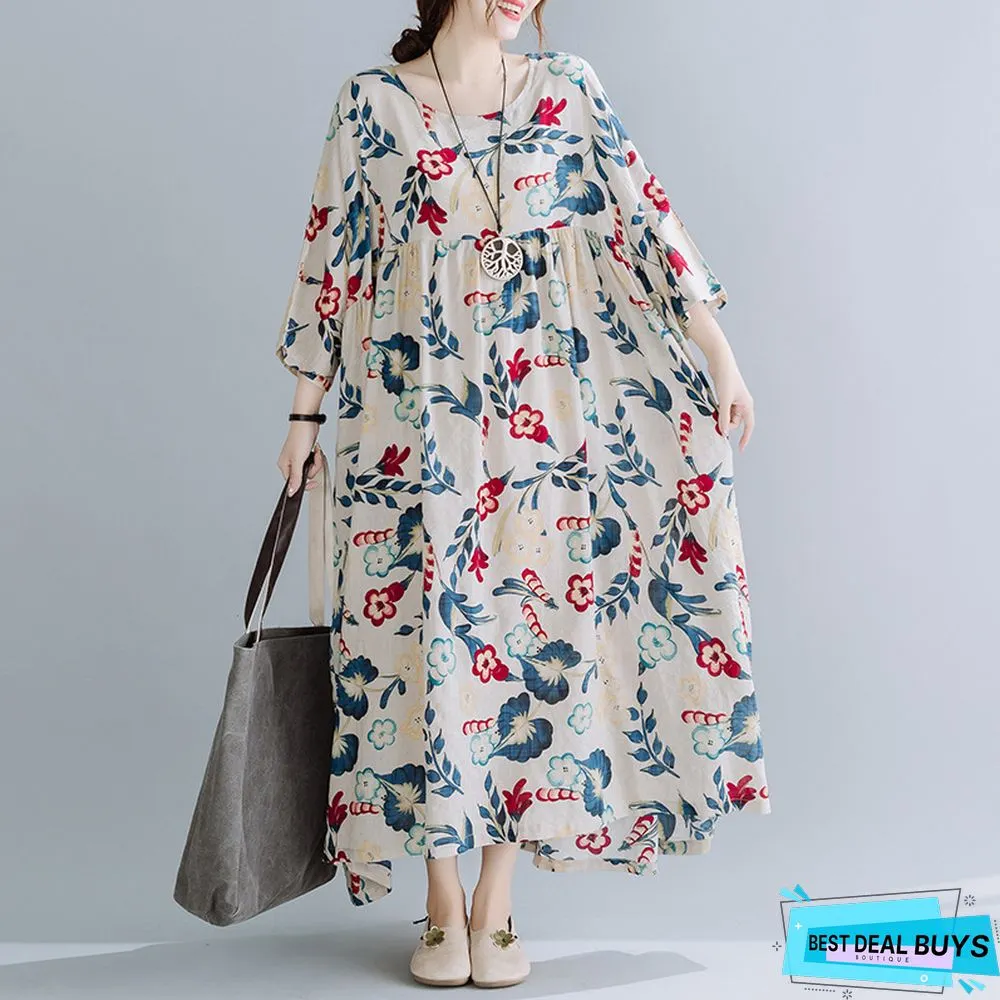 Large Loose Stitched Cotton Linen Print Short Sleeve Dress