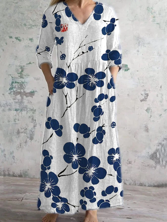 Japanese Art Women's Elegant Sleeve and Geo Print V-Neck Dress