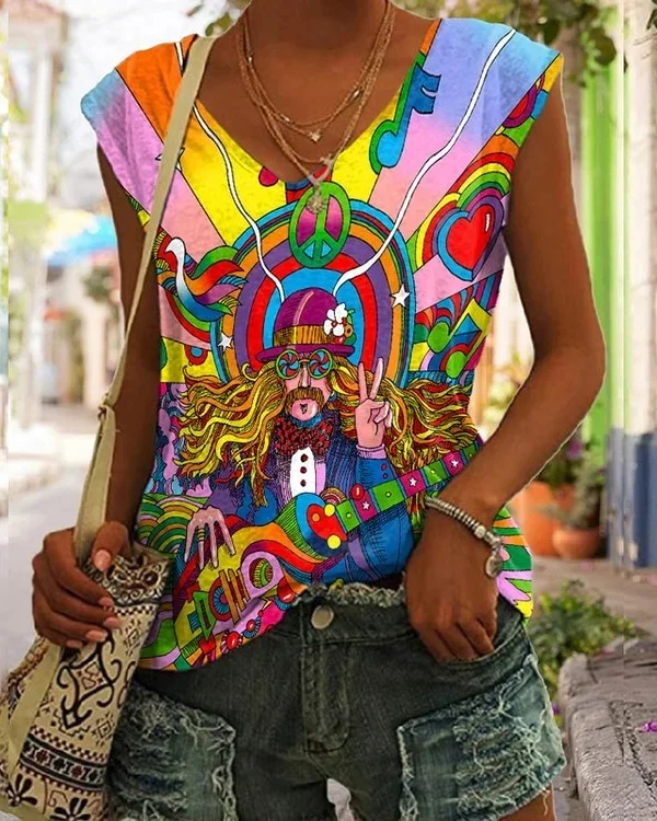 Hippie Music Print Casual Tank Top