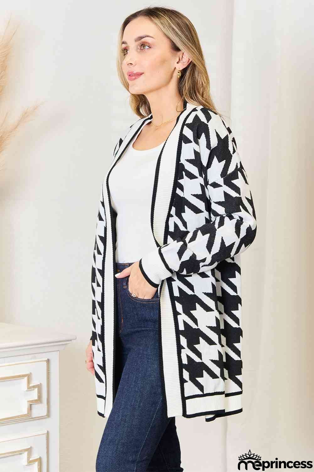 Woven Right Houndstooth Open Front Longline Cardigan