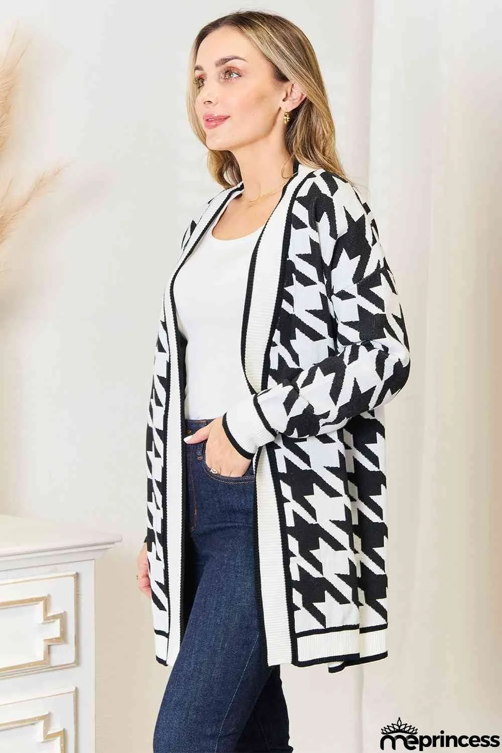 Woven Right Houndstooth Open Front Longline Cardigan