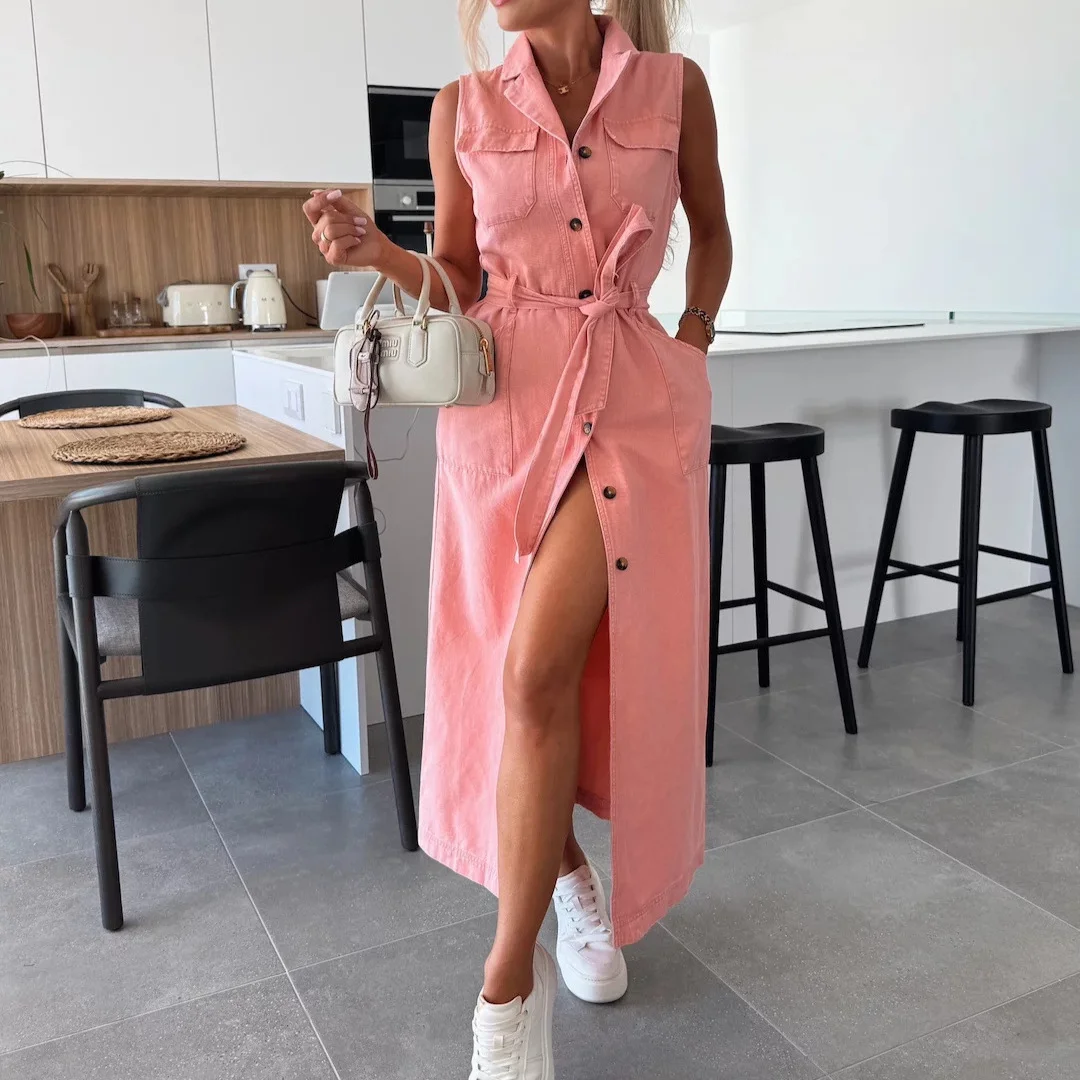 Women's 2025 Sleeveless Strap-up Waist Single-breasted Denim Dress
