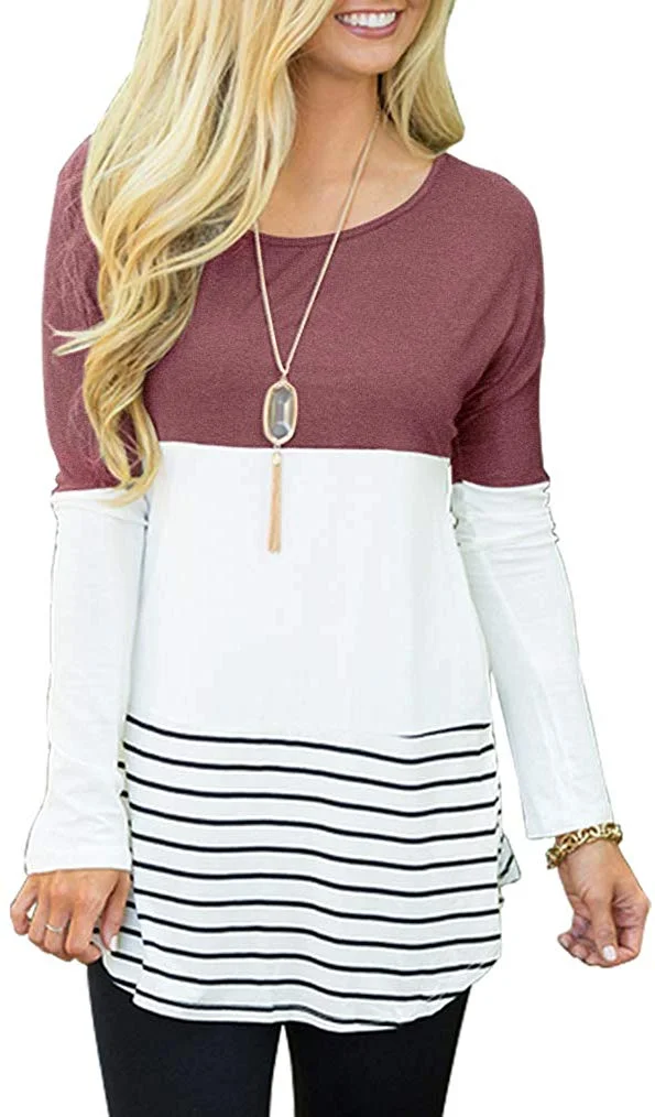 Women's Casual Color Block Lace Inset Long Sleeve T Shirt Tunic Tops