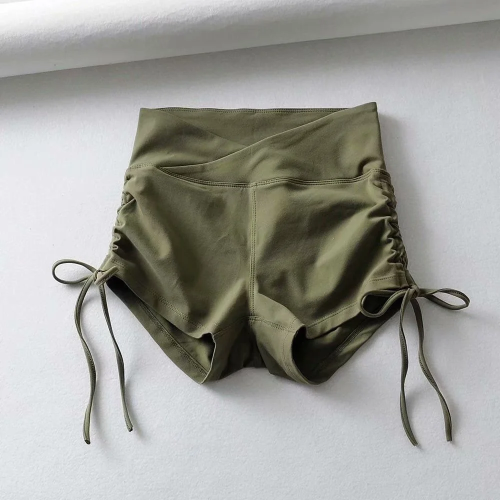 Summer high waist stretch tight super shorts female gym sports shorts drawstring lace shorts ins up to the same paragraph