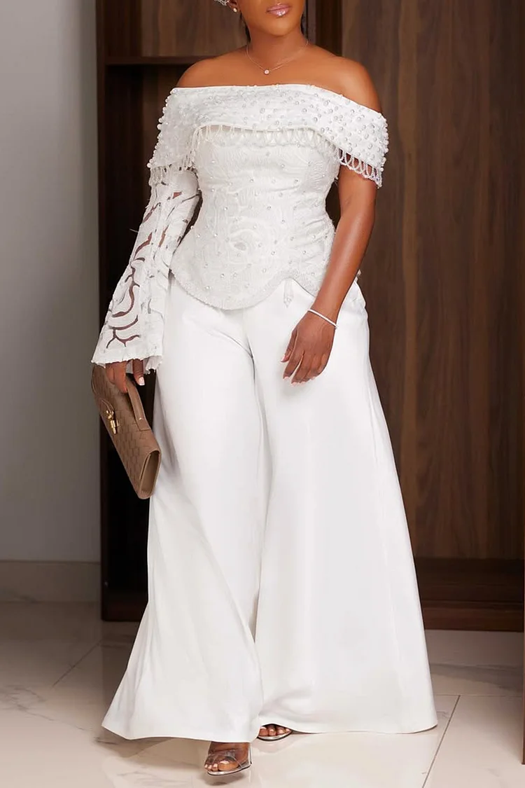 Plus Size Formal White Off The Shoulder One Shoulder Long Sleeve Pearls Elegant Wide Leg Two Piece Pant Sets [Pre-Order] 2024 - Xpluswear