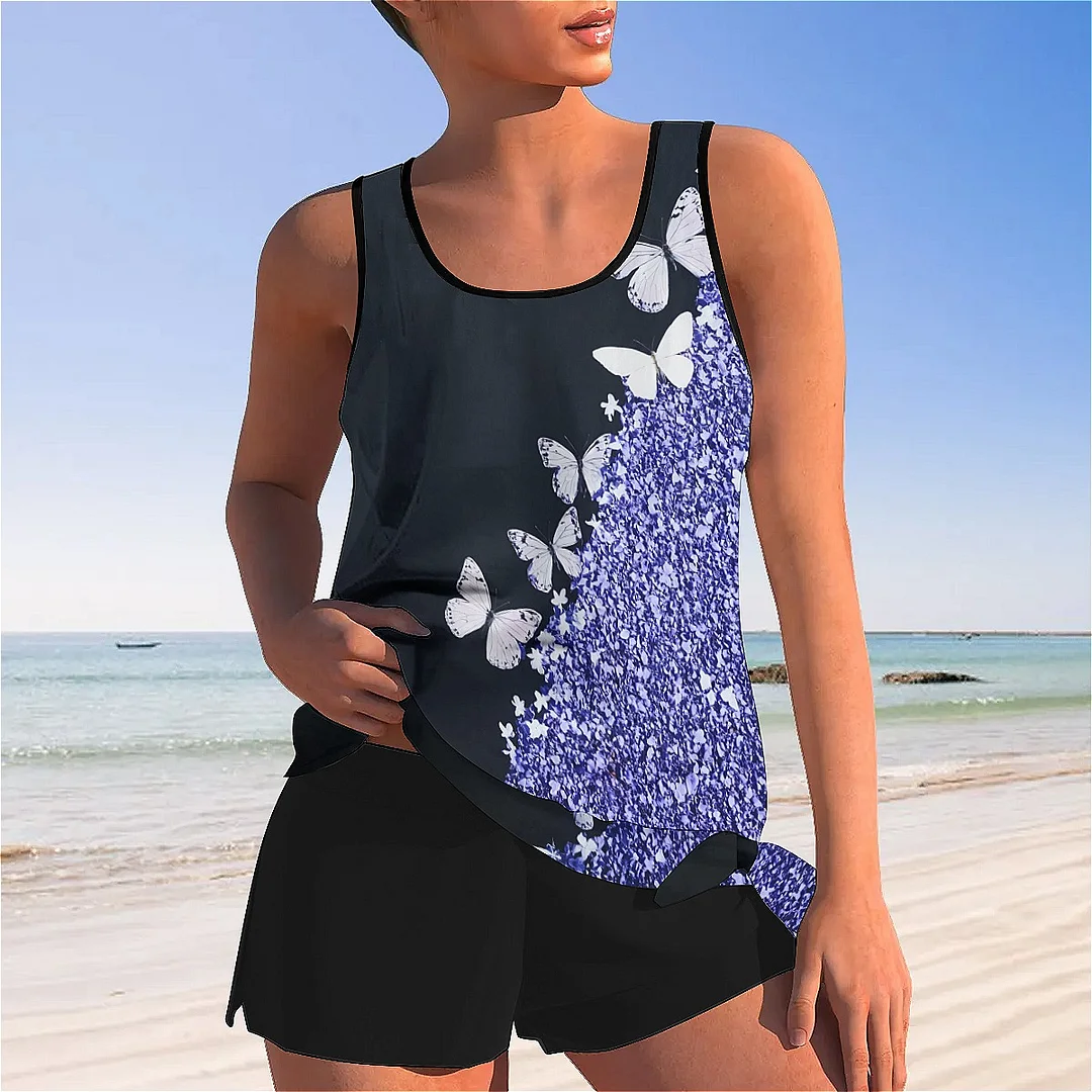 Bowknot Purple,Butterfly,Glitter Mid Waisted Tankini Set - Plus Size Available