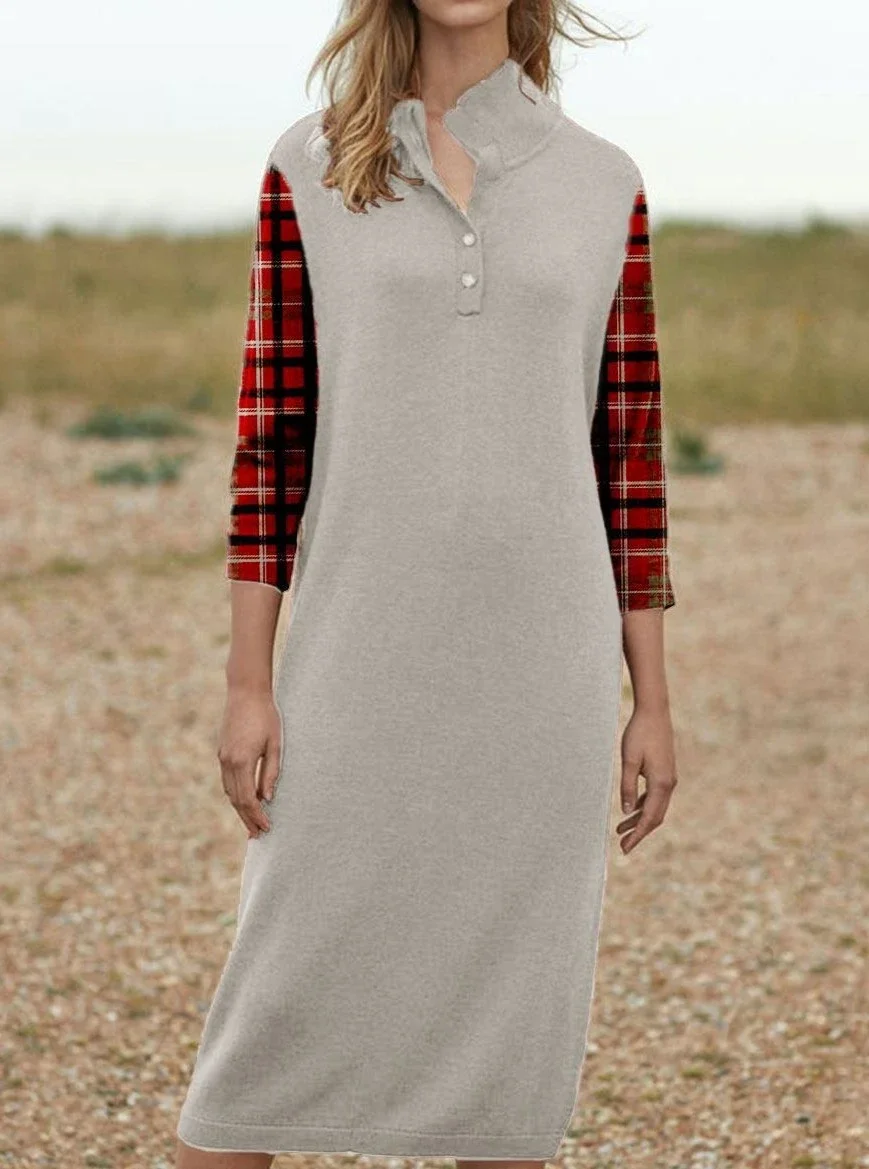 Casual Check Print Long Sleeve Lapel Maxi Dress | EGEMISS
