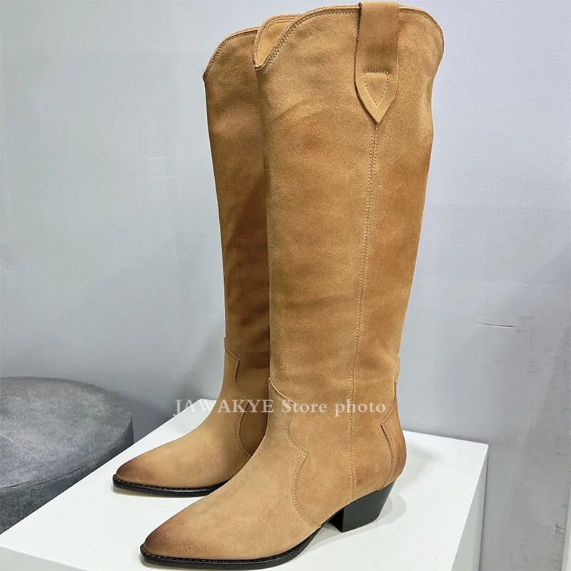 VCshoes Over Knee High Boots Women Kid Suede Chelsea Ankle Boots Old Pointy Toe Week Cowboy Knight Boots Mujer