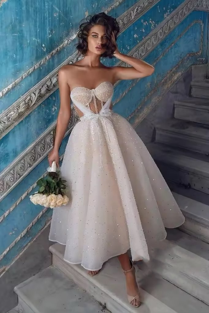 Daisda Sequins Strapless Sleeveless A line Prom Dress