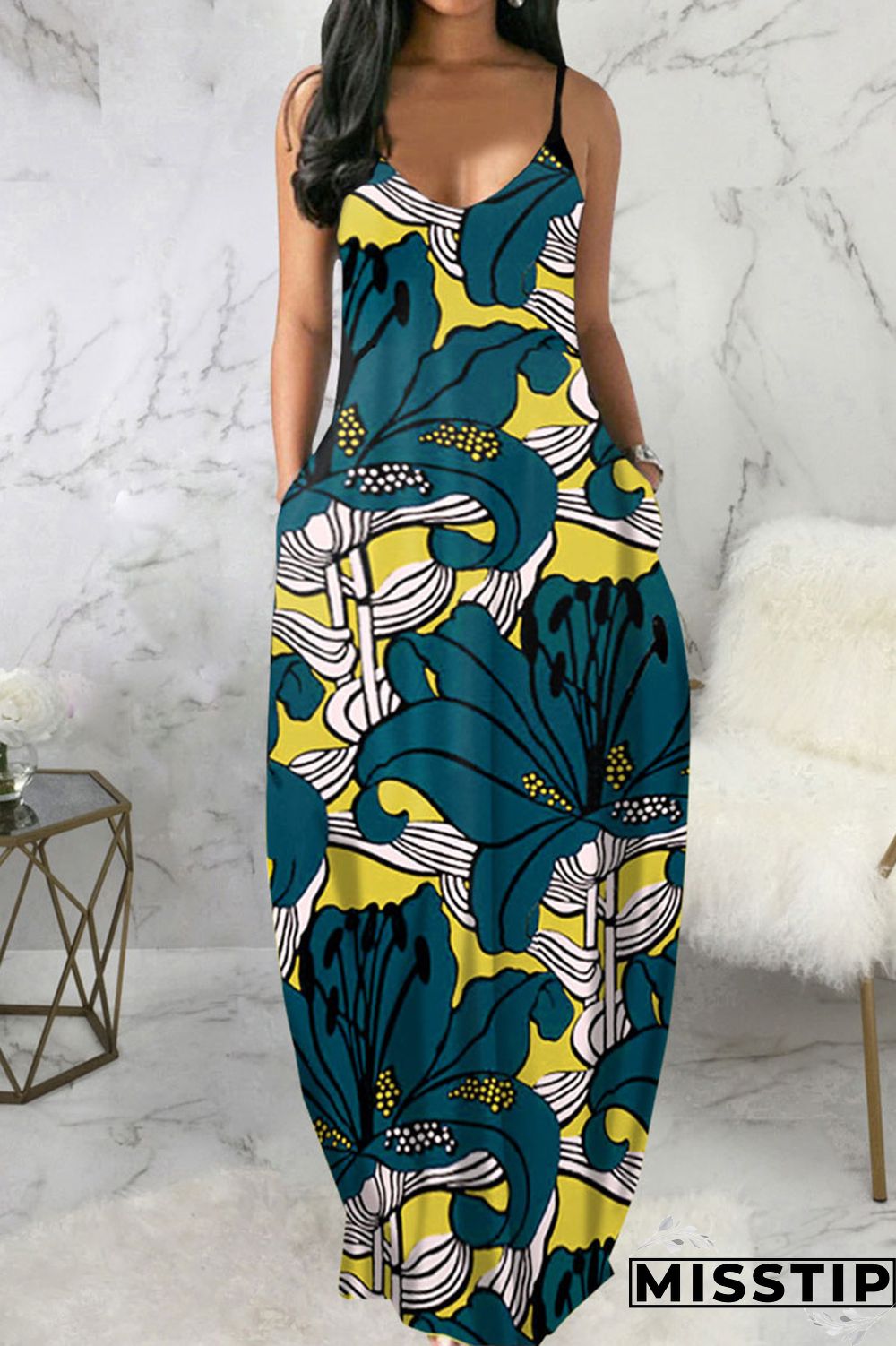 Blue Black Casual Print Patchwork Spaghetti Strap Sling Dress Dresses