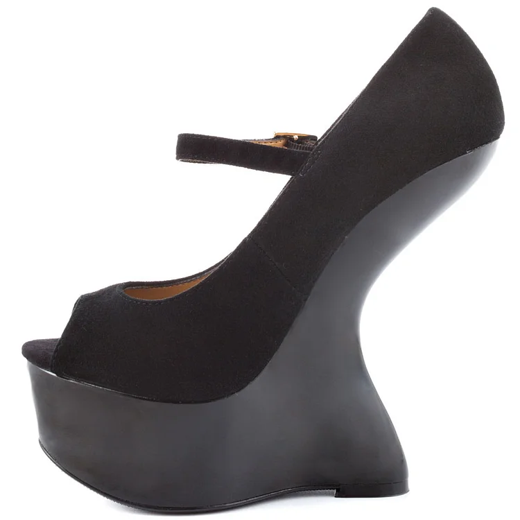 Black Wedge Heels Vegan Suede Mary Jane Pumps Peep Toe Platform Pumps |FSJ Shoes