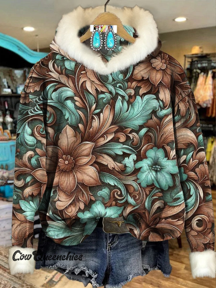 Brown Vintage Ethnic Flowers Print Imitation Rabbit Fur Trim Casual Hoodie Sweatshirt Multicolor / S