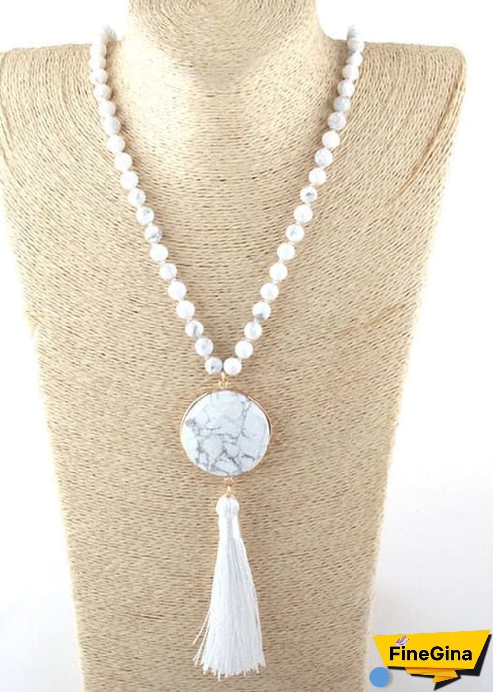 Boho Necklace, RH Amazonite Jasper, Circle Tassel Green White Natural Stone