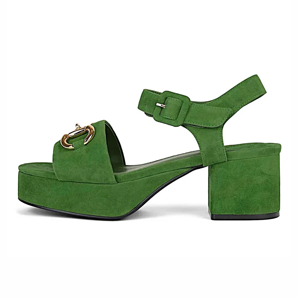 Green Round Toe Buckle Horsebit Ankle Strap Platform Sandals