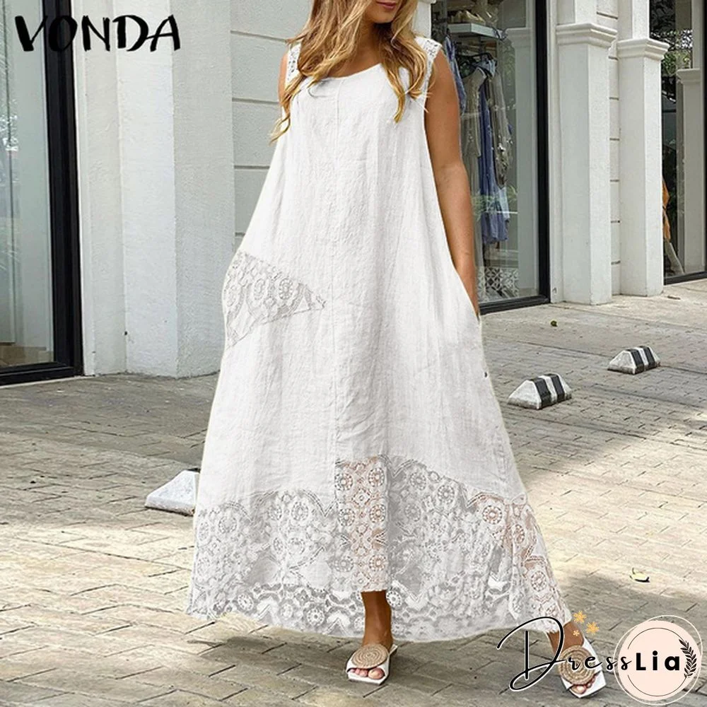 Women Sleeveless O Neck Solid Color Lace Patchwork Loose Maxi Dress Solid Color Summer Fashion Dress With Pockets Plus Size Vestidos Mujer