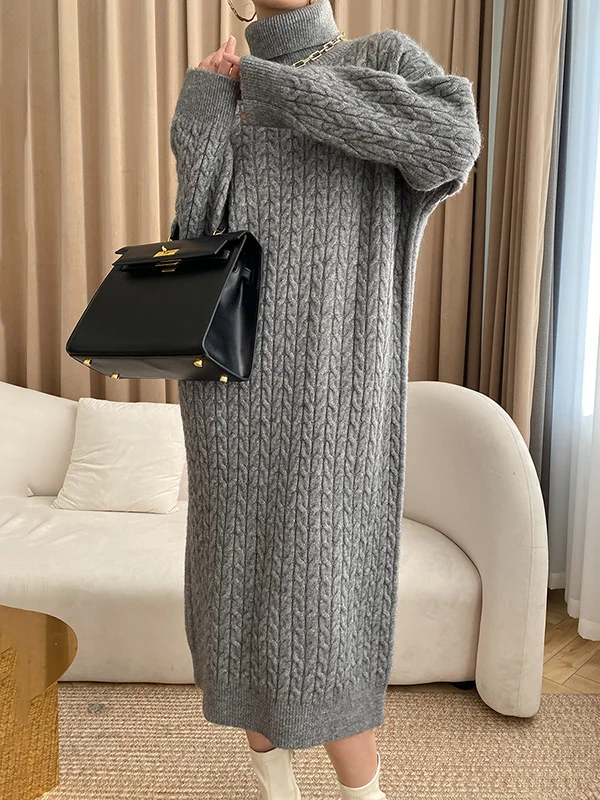Casual Long Sleeves Roomy Jacquard Pure Color High-Neck Sweater Dresses