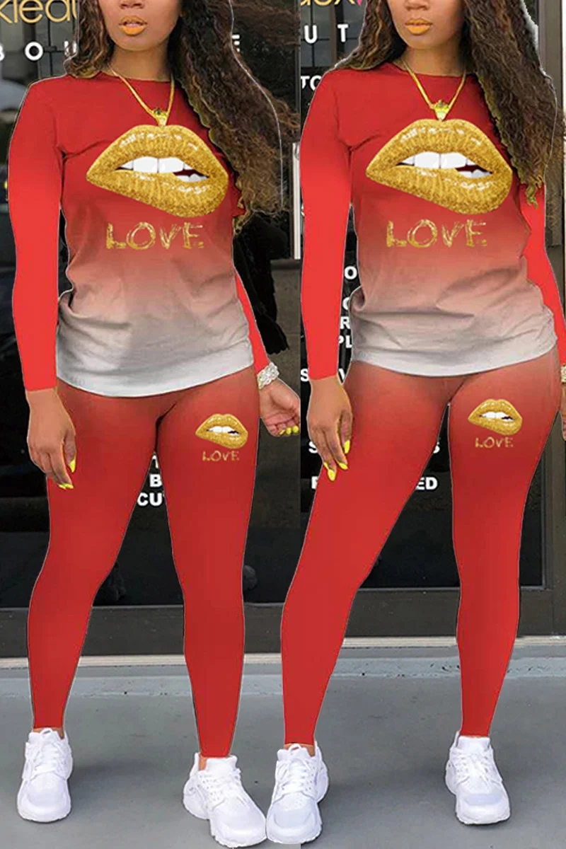 Red Fashion Casual Gradual Change Lips Printed Letter O Neck Long Sleeve Two Pieces | EGEMISS
