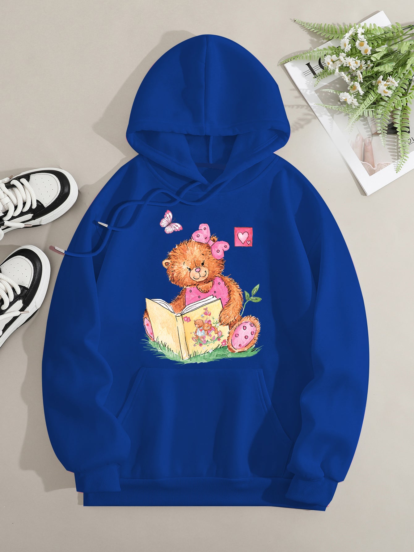 Printed on front Kangaroo Pocket Hoodie Long Sleeve for Women Pattern Pink Bear Reading