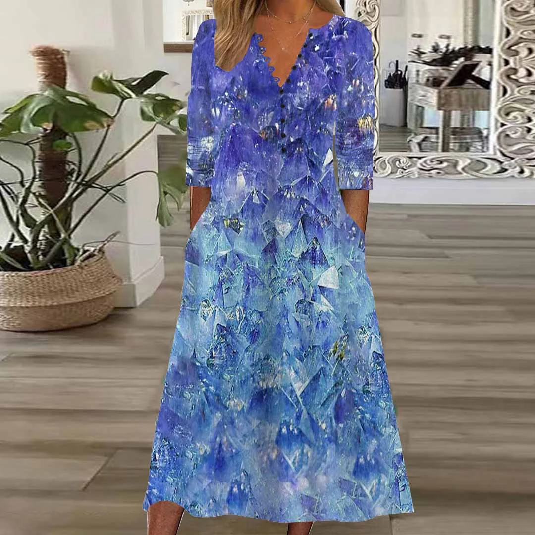 Women Graphic,Blue DZHB8378 Long Sleeve V-Neck Graphic Printed Midi Dress