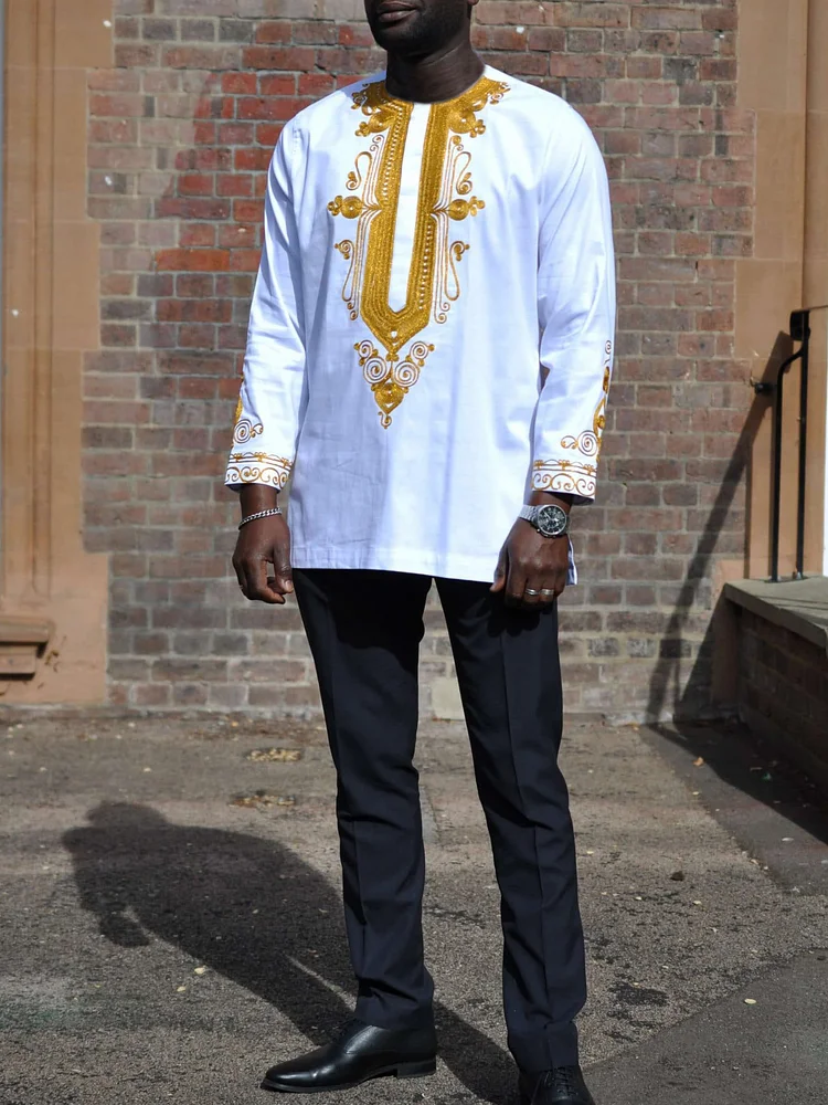 Men's casual white and gold print two-piece set
