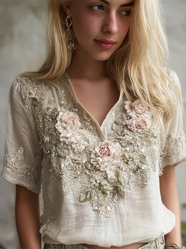 Boho Oil Painting Floral Embroidery Women's Linen V-neck Short Sleeve Shirt