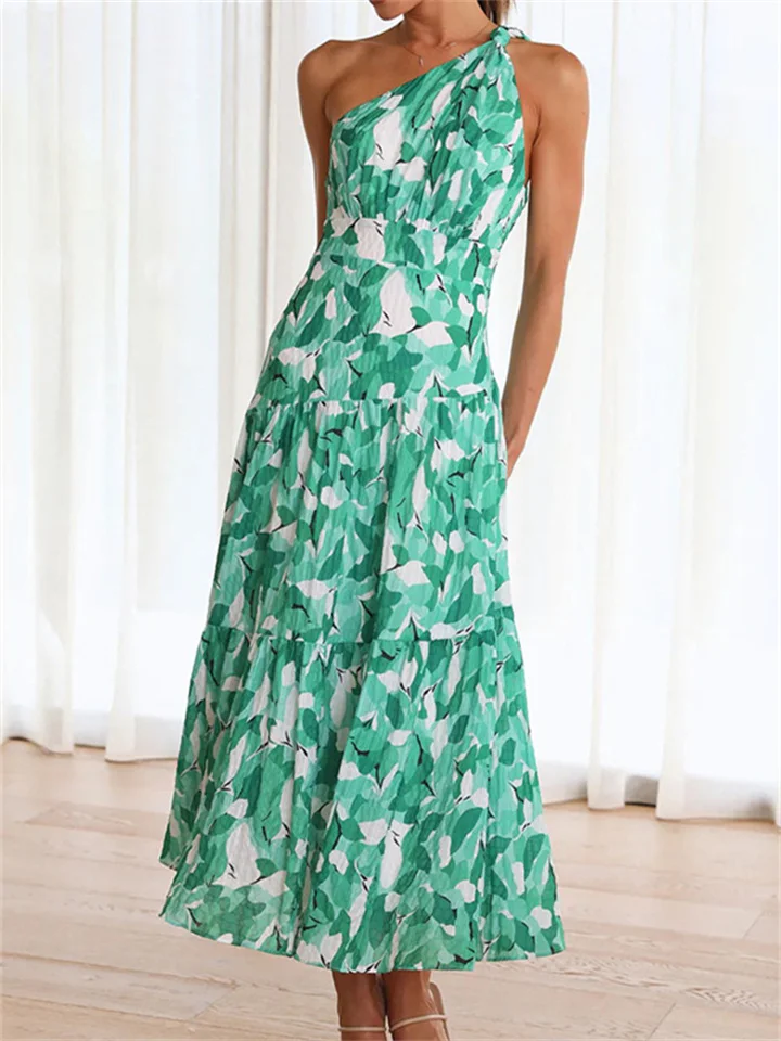 Summer Comfortable Casual Women's Print Sleeveless Personality Sloping Shoulder Swing High Waist Long Dress Dress-Mixcun