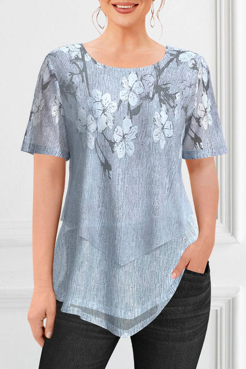 Flycurvy Plus Size Casual Blue Ombre Plant Print Double Layered Blouse