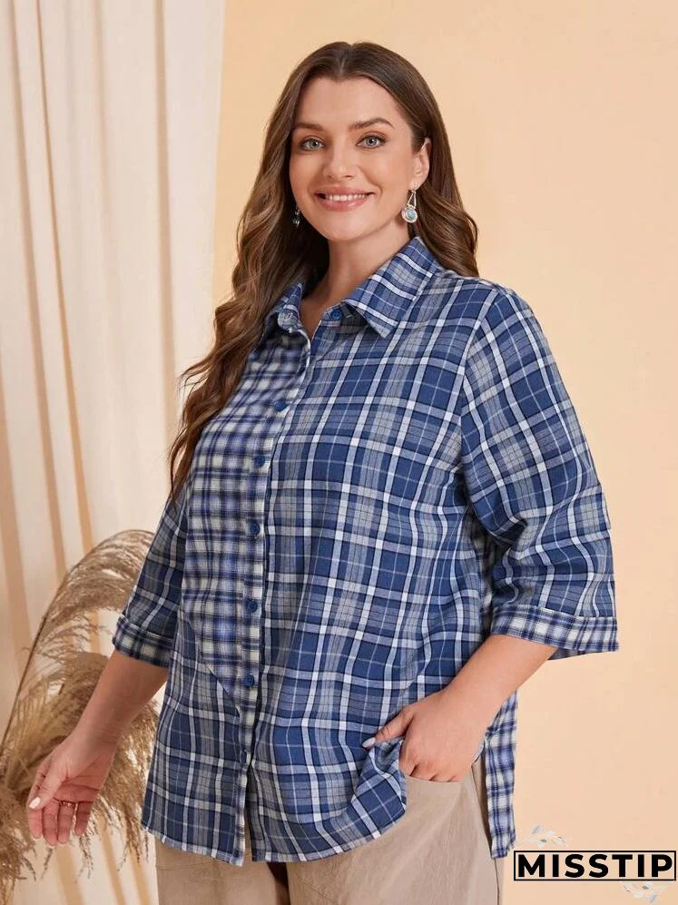 Plus Plaid Print Button Front Shirt