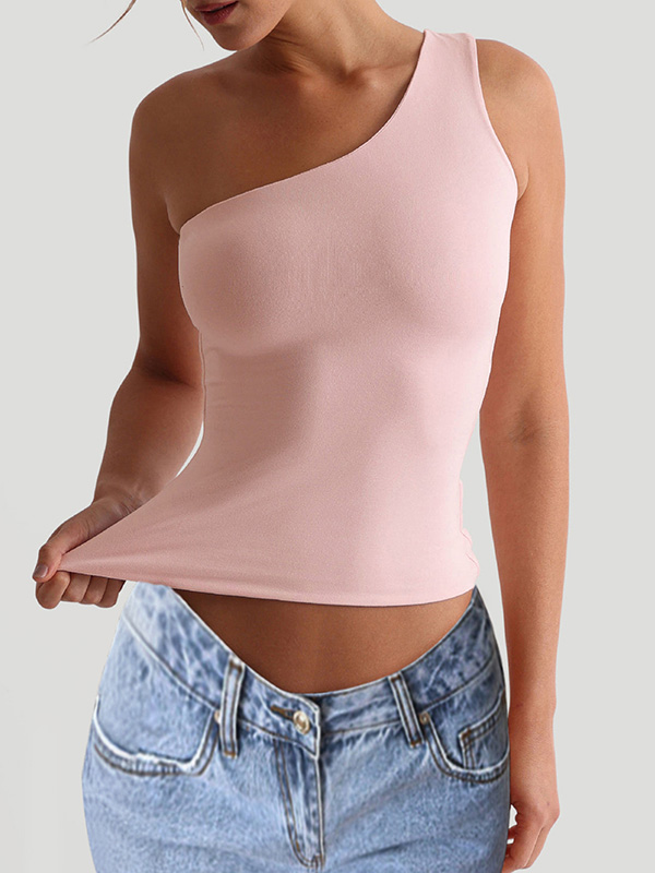 Solid Color Sleeveless Skinny One-Shoulder Vest Top PINK-S