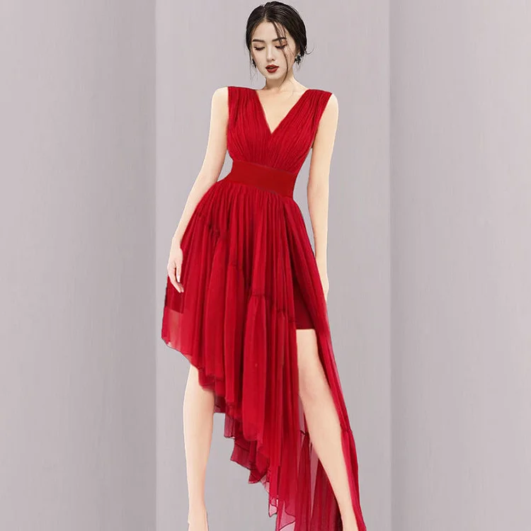 Prom Dresses Summer Red Elegant V-neck Irregular Cinched Bottoming Dress Sleeveless