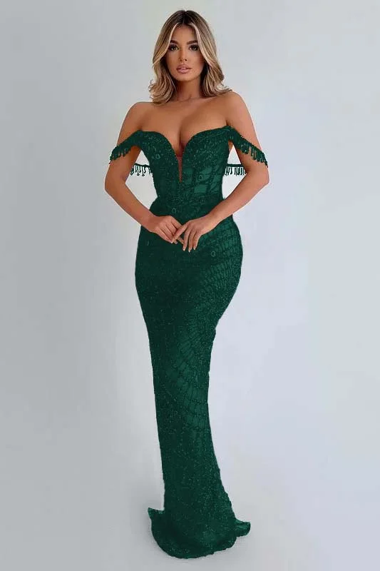 Sequins Red Prom Dress Sleeveless Strapless Long Tassel YL0066