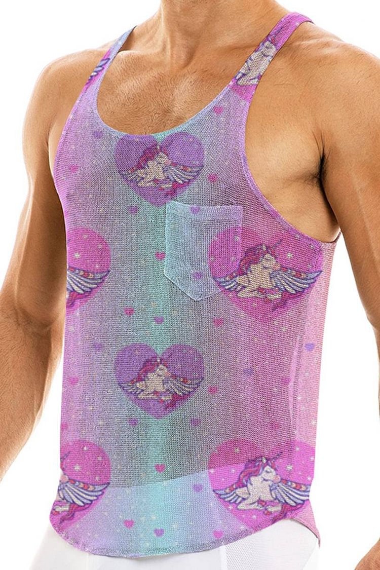 Unisex Unicorn Prints Pastel Color Hollow Out Soft Tank Top 