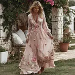 Women's Vintage Boho Roses Lace Art Flowy Linen Maxi Dress - Image 2