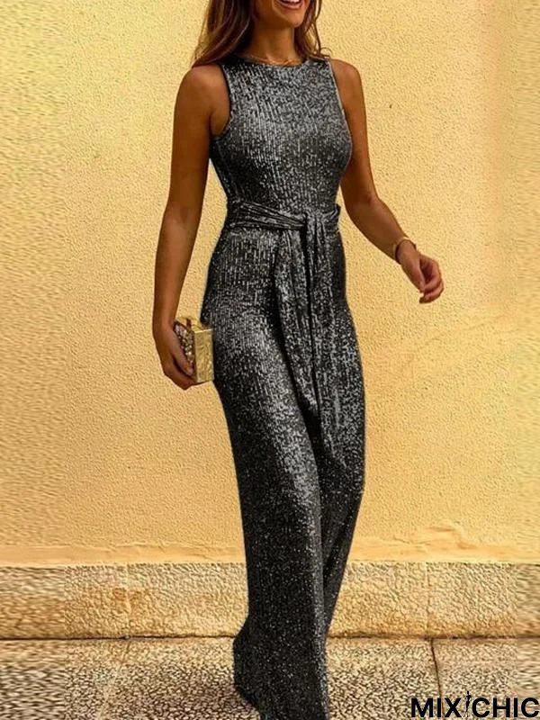 Round Neck Sleeveless Sequin Jumpsuit