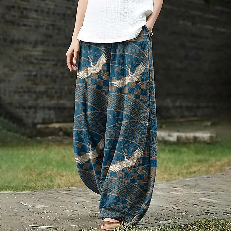 Women'S Japanese Flying Crane Pocket Loose Casual Pants