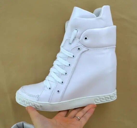 VCSHOES Black White Red Leather Suede Women Ankle Booties High Platform Wedge Motorcycle Boots Shoes Outdoor Casual Shoes Size41