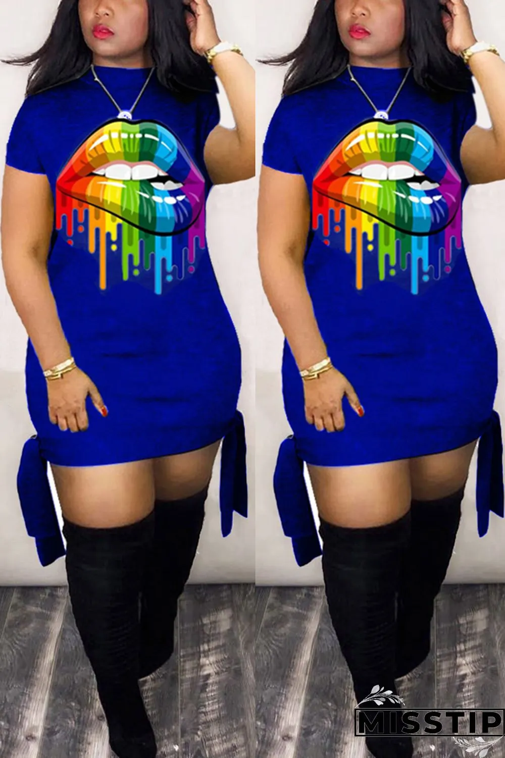 Black Fashion Lips Print Short Sleeve Dress