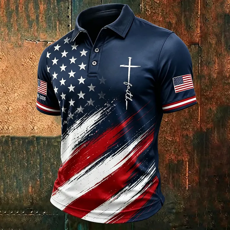 Men's American Flag Print Cross Faith Art Polo Shirt