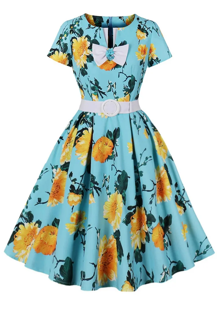 1950s Blue Party Floral Print Chest Bow Round Neck Swing Midi Dress (With Belt)