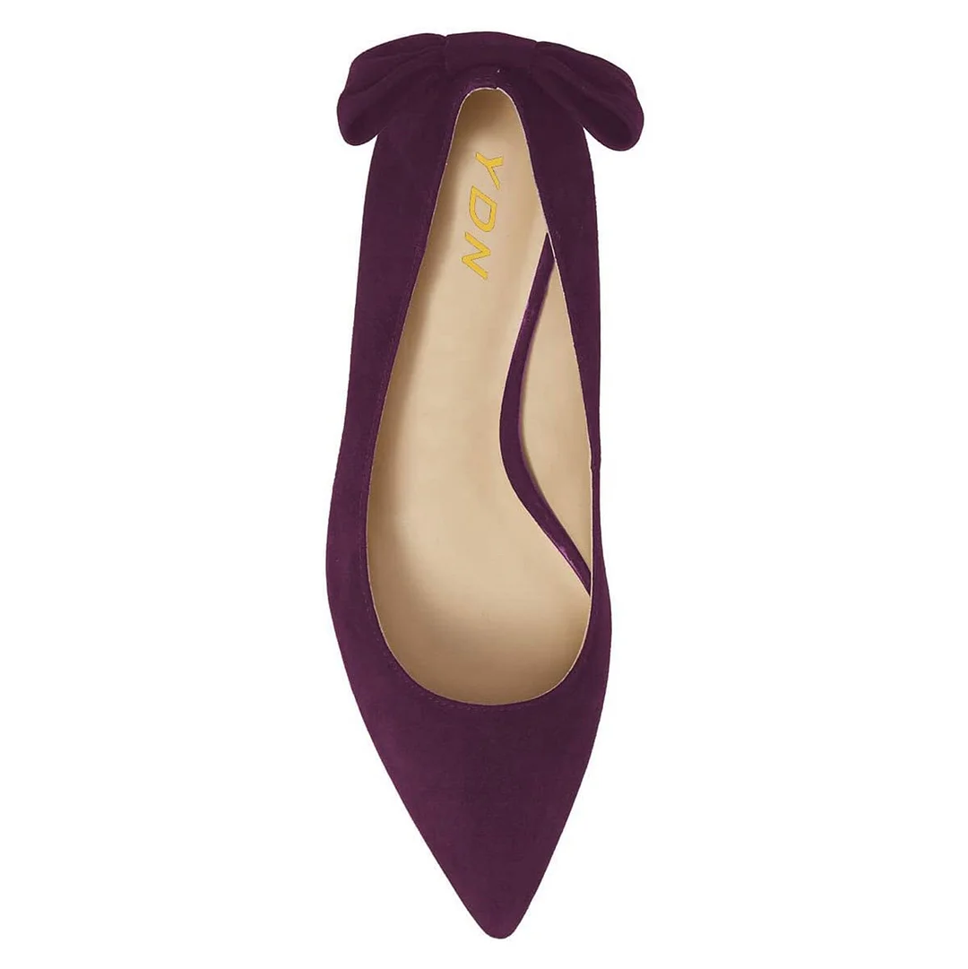 Purple Vegan Suede Back Bow Pointed Toe Kitten Heel Pumps for Women
